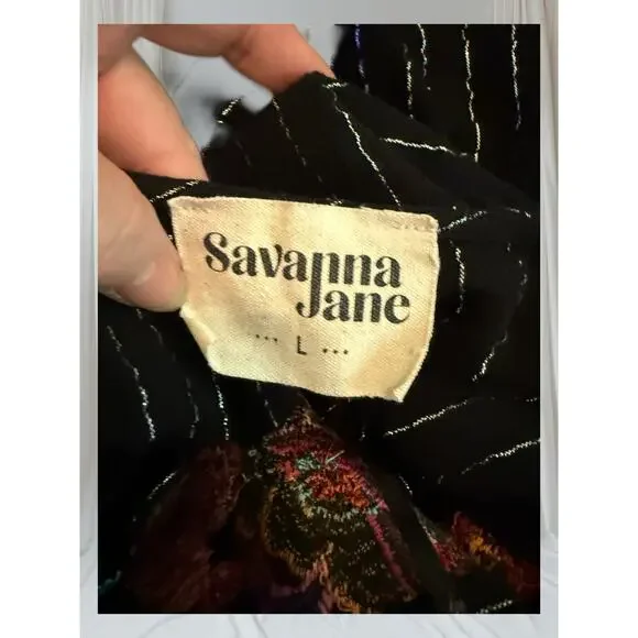 Savanna Jane Boho Embroidered Floral Blouse Black Metallic Stripe Peasant Top L - Picture 8 of 9